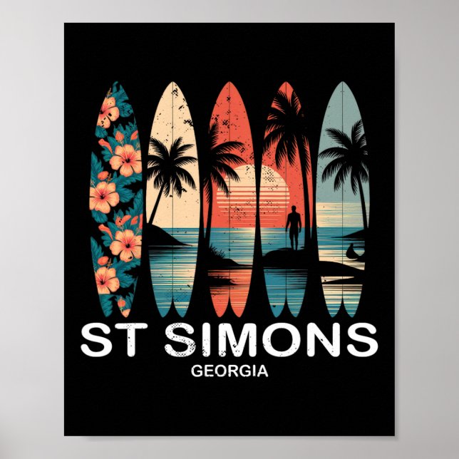 St Simons Beach Georgia Surfboard Surfing Retro _1 Poster (Front)