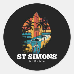 St Simons Beach Georgia Surfboard Surfing Retro Classic Round Sticker