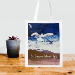 St. Simons Island GA Sea Gull and Waves Reusable Grocery Bag