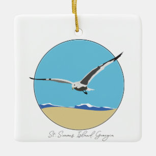 St. Simons Island, Georgia Sea Gull over Beach Ceramic Ornament