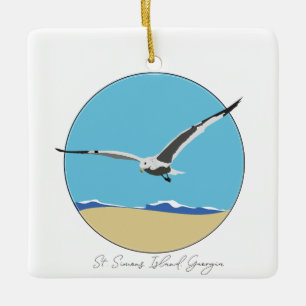 St. Simons Island, Georgia Sea Gull over Beach Ceramic Ornament