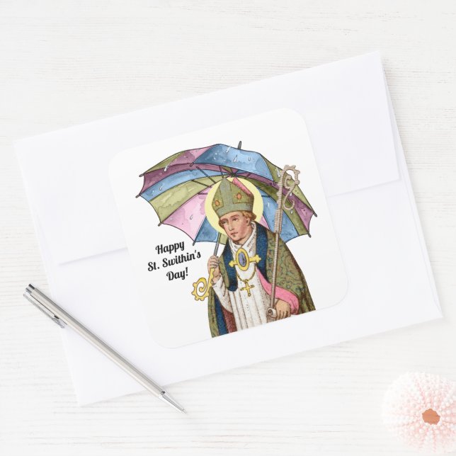 St. Swithin with Umbrella Square Sticker (Envelope)