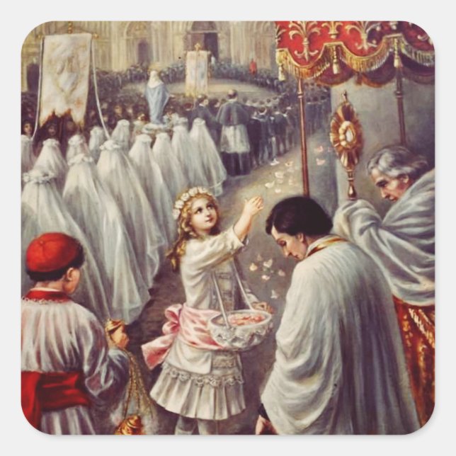 St. Teresa throws flowers to the Blessed Sacrament Square Sticker (Front)