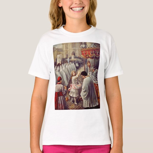 St. Teresa throws flowers to the Blessed Sacrament T-Shirt (Front)
