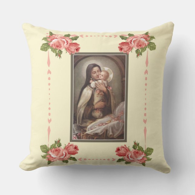 St. Therese Baby Jesus Manger Pink Roses Cushion (Front)