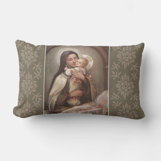 St. Therese Baby Jesus Manger Pink Roses Lumbar Cushion (Front)
