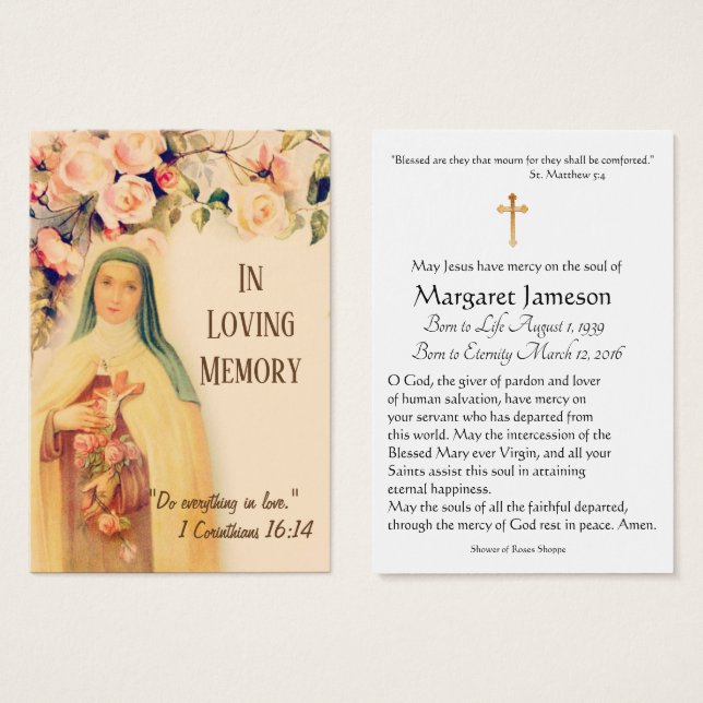 St. Therese Catholic Funeral Memorial Holy Card - (Front & Back)