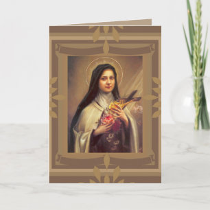 St. Therese Little Flower w/pink roses Birthday Card