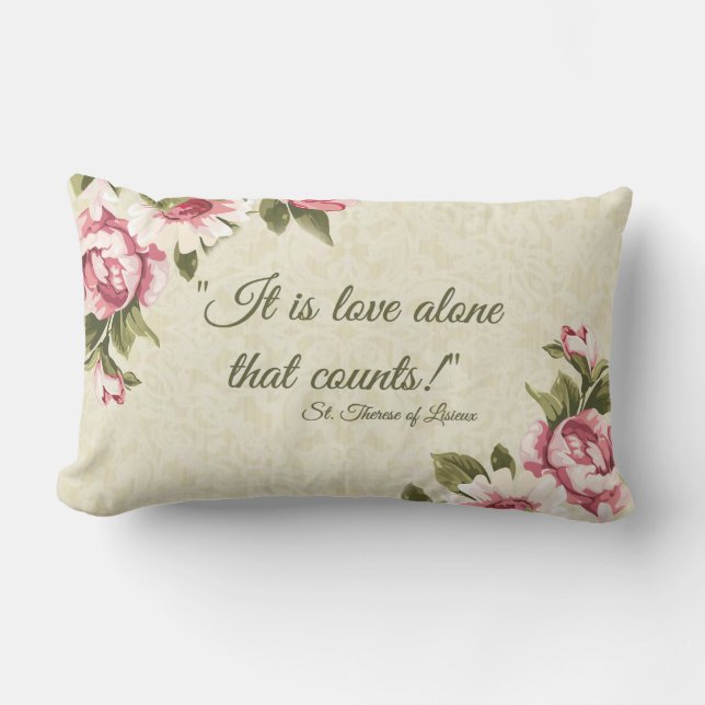 St. Therese of Lisieux Saying LOVE Pink Roses Lumbar Cushion (Front)