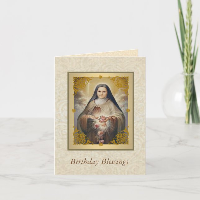 St. Therese of Lisieux showering pink roses Card (Front)