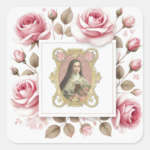 St. Therese of Lisieux Watercolor Pink Roses Square Sticker