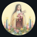 St. Therese of Lisieux with Christmas Candles Classic Round Sticker<br><div class="desc">Beautiful vintage image of the Saint of the Little Way,  St. Therese of Lisieux.
She is pictured her with the crucifix,  roses,  & Christmas Candles.</div>