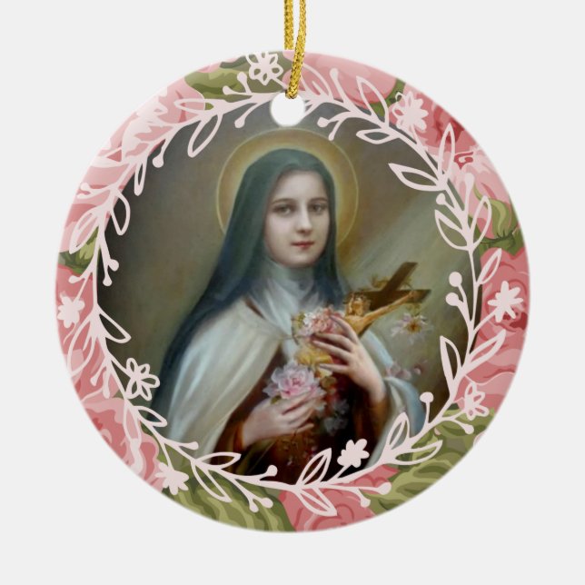 St. Therese of the Infant Jesus Roses Crucifix Ceramic Tree Decoration (Front)