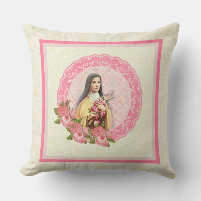 St. Therese Pink Roses Crucifix Cushion (Front)
