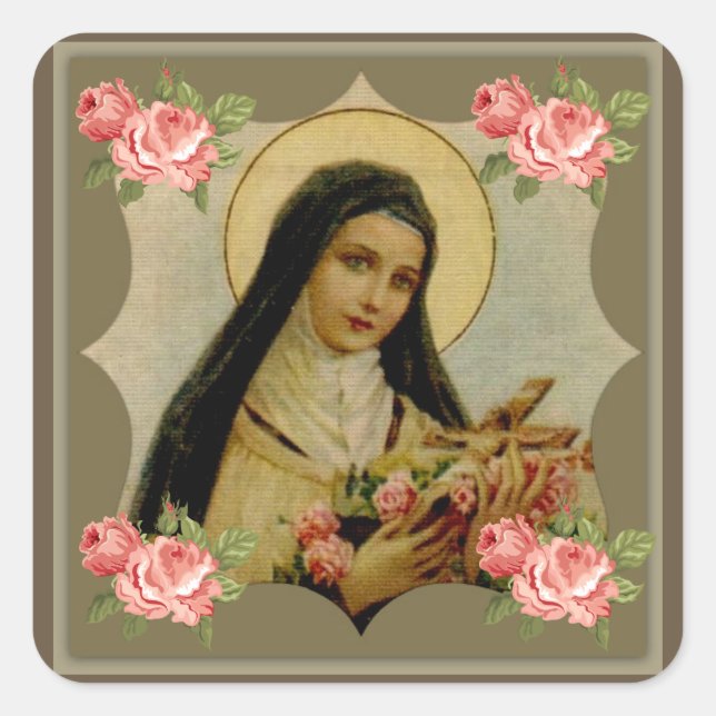 St. Therese Pink Roses Square Sticker (Front)