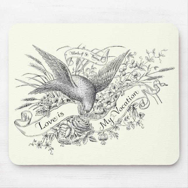 St. Therese Quote with Dove and Black & White Rose Mouse Mat (Front)