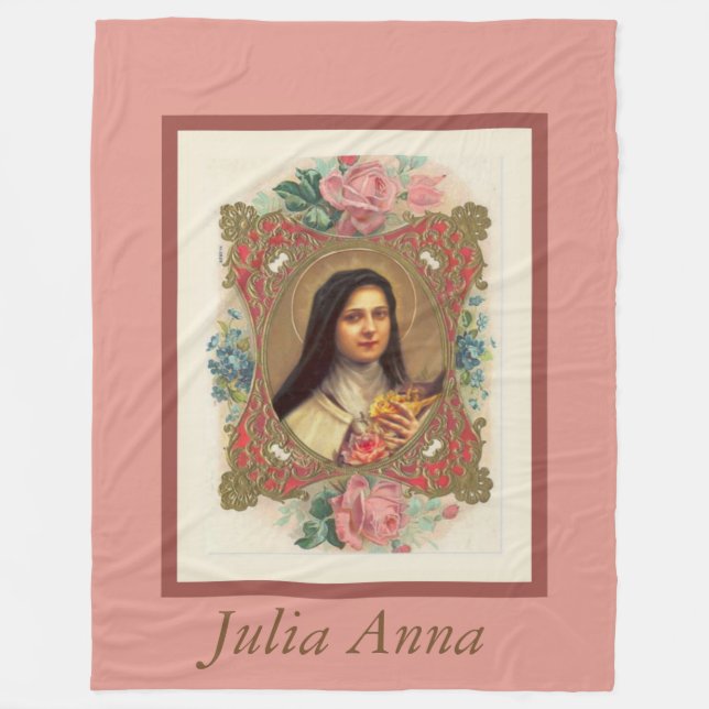 St. Therese the Little Flower Pink Roses Crucifix Fleece Blanket (Front)