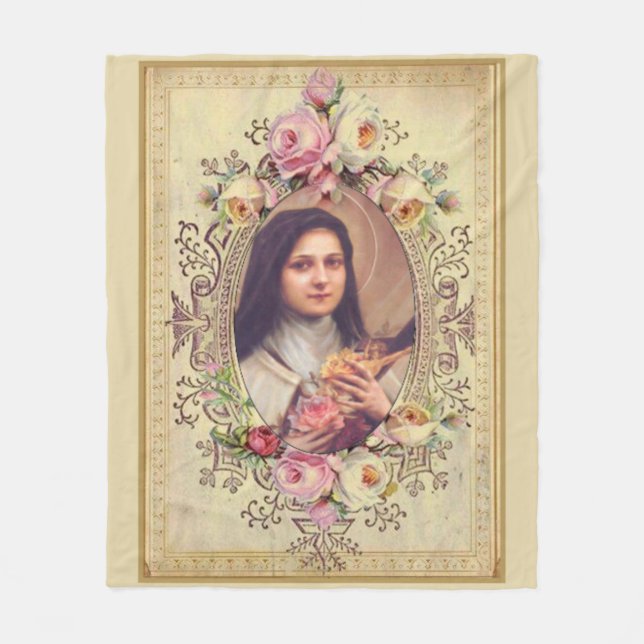 St. Therese the Little Flower Pink Roses Crucifix Fleece Blanket (Front)