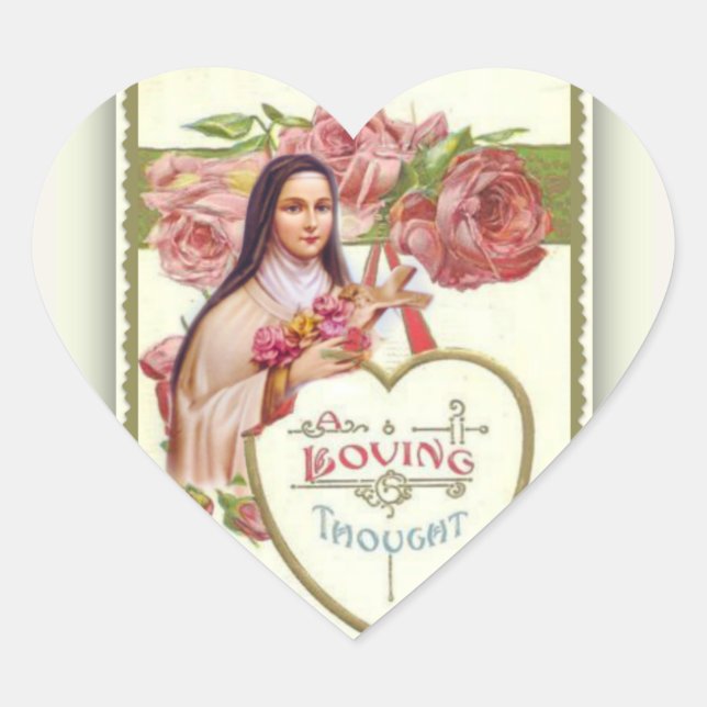St. Therese the Little Flower Pink Roses Heart Sticker (Front)