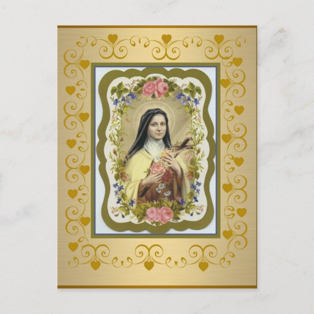 St. Therese the Little Flower Roses Crucifix Heart Postcard (Front)