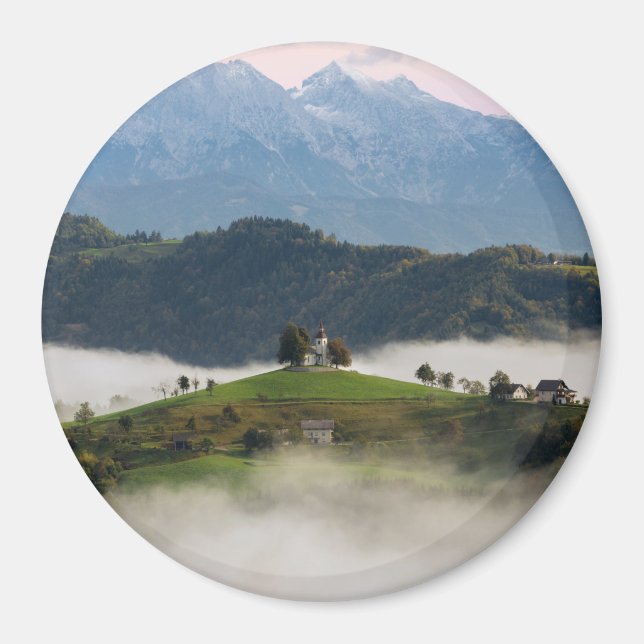 St. Thomas church with mountains in Slovenia round Magnet (Front)