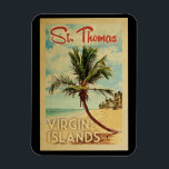 St Thomas Palm Tree Vintage Travel Magnet<br><div class="desc">A uniquely retro mid-century modern St Thomas Virgin Islands art print in vintage travel poster style. It features a curved palm tree on sandy beach with ocean under a blue cloudy sky.</div>