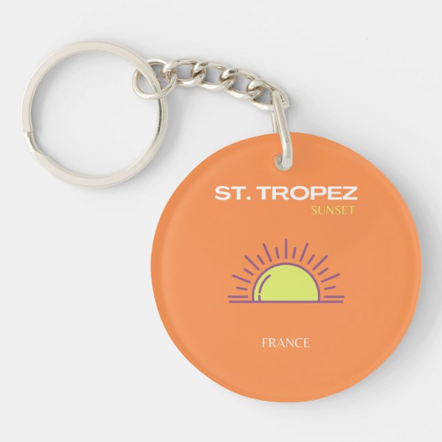St Tropez, France, Sunset, Travel Art, Orange Key Ring (Front)