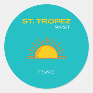 St Tropez, Sunset, Travel Art, Turquoise Classic Round Sticker