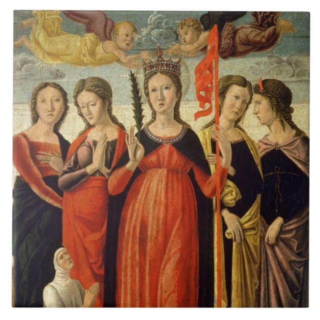 St. Ursula and Four Saints (tempera on panel) Tile (Front)