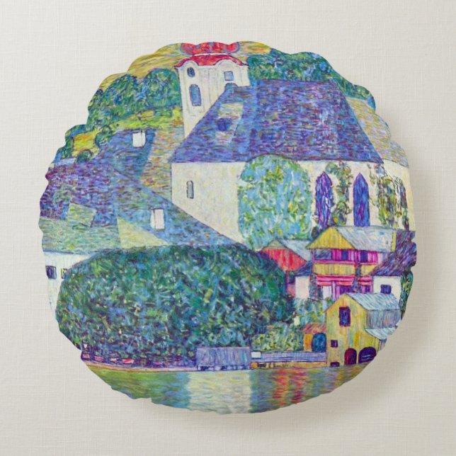 St. Wolfgang Church by Gustav Klimt, Victorian Art Round Cushion (Front)