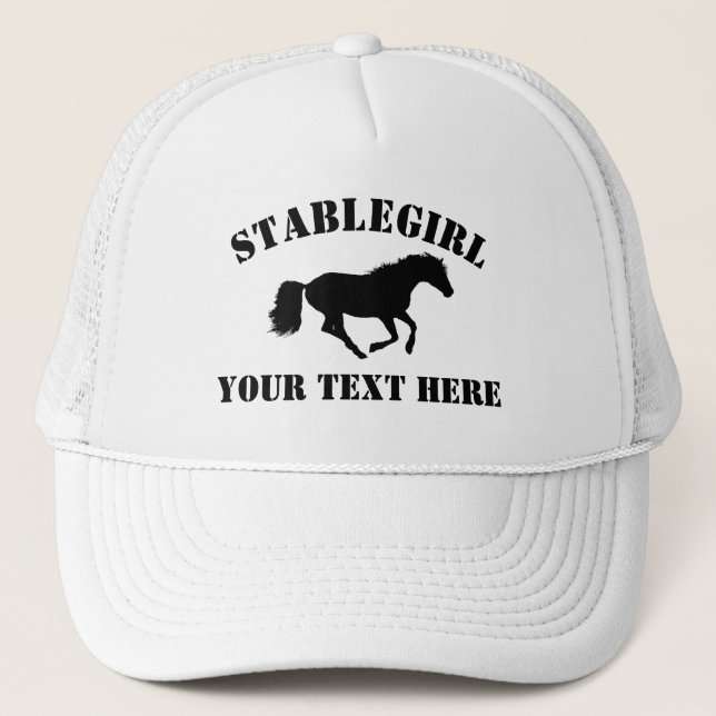 Stablegirl with horse and custom text trucker hat (Front)