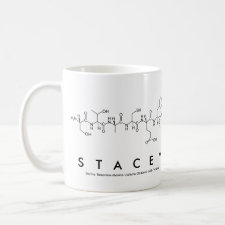 Mug featuring the name Stacey spelled out in the single letter amino acid code