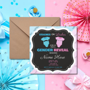 Staches Lashes Pink Blue Gender Reveal Invitation