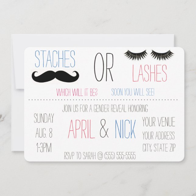 Staches or Lashes Gender Reveal Invitation (Front)