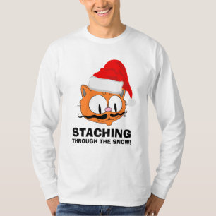 STACHING THROUGH THE SNOW Moustache Humour Cat T-Shirt
