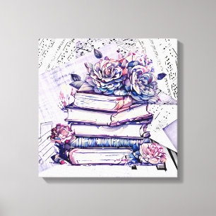 Stack of Antique Books, Flowers and Musical Notes Canvas Print