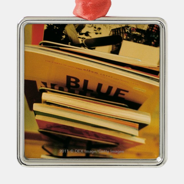 Stack of books and magazines metal tree decoration (Front)