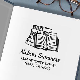 Stack of Books and Open Book Address Self-inking Stamp