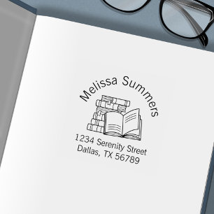 Stack of Books and Open Book Address Self-inking Stamp