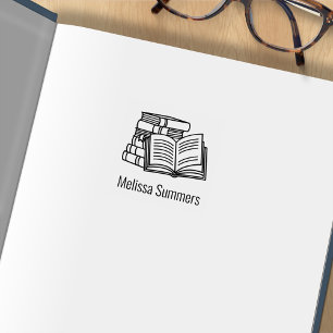 Stack of Books and Open Book Bookplate 1x1 Rubber Stamp