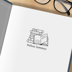 Stack of Books and Open Book Bookplate 1x1 Rubber Stamp