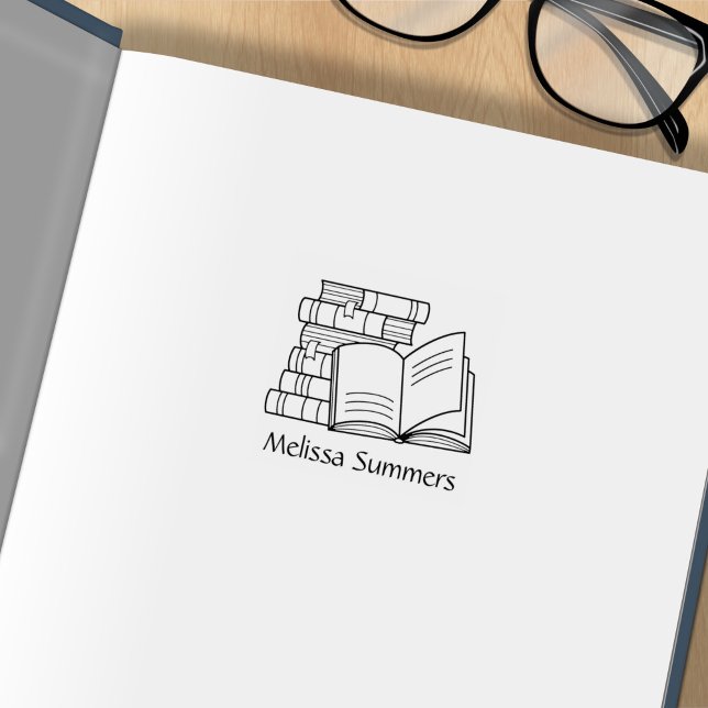 Stack of Books and Open Book Bookplate 1x1 Rubber Stamp (Creator Uploaded)