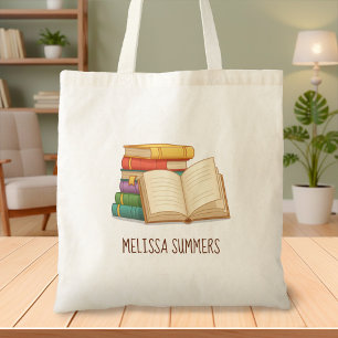 Stack of Books and Open Book Custom Name Tote Bag