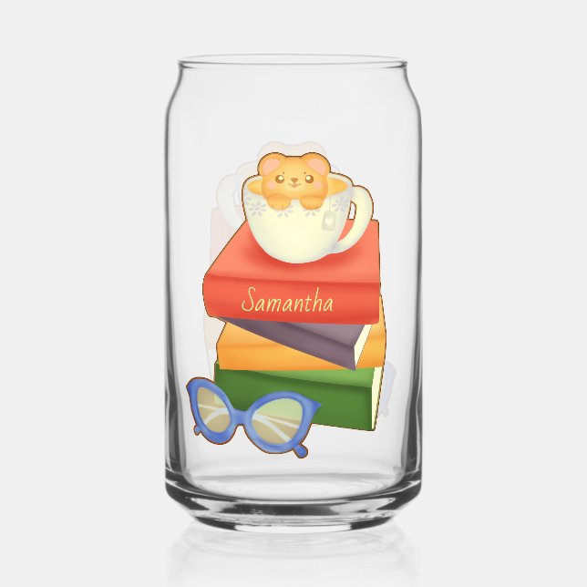Stack Of Books And Tea Cup Bear  Can Glass (Front)