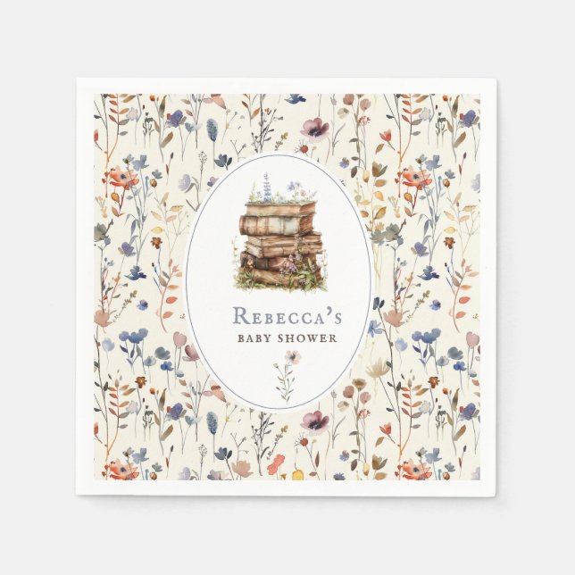 Stack of books baby shower watercolor, wildflower napkin (Front)