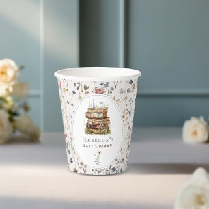 Stack of books baby shower watercolor, wildflower paper cups