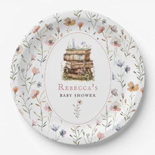 Stack of books baby shower watercolor, wildflower paper plate