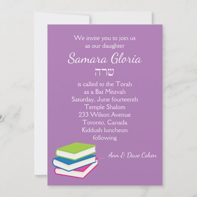 Stack of Books Bat Mitzvah Invitation with Sarah (Front)