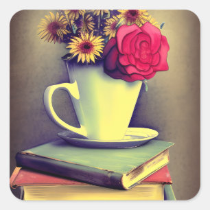 Stack of Books, Daisies and a Rose in a Coffee Cup Square Sticker