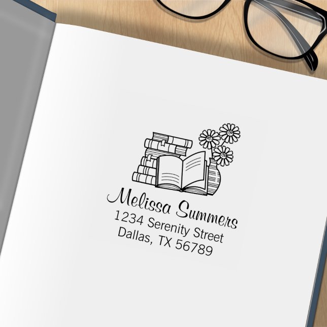 Stack of Books, Open Book, Flowers Address Rubber Stamp (Creator Uploaded)